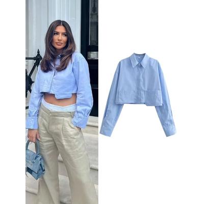 Women's Cropped Shirt Fashion Woman Blouse White Blue Striped Shirts and Blouses Autumn Long Sleeve Short Top Female