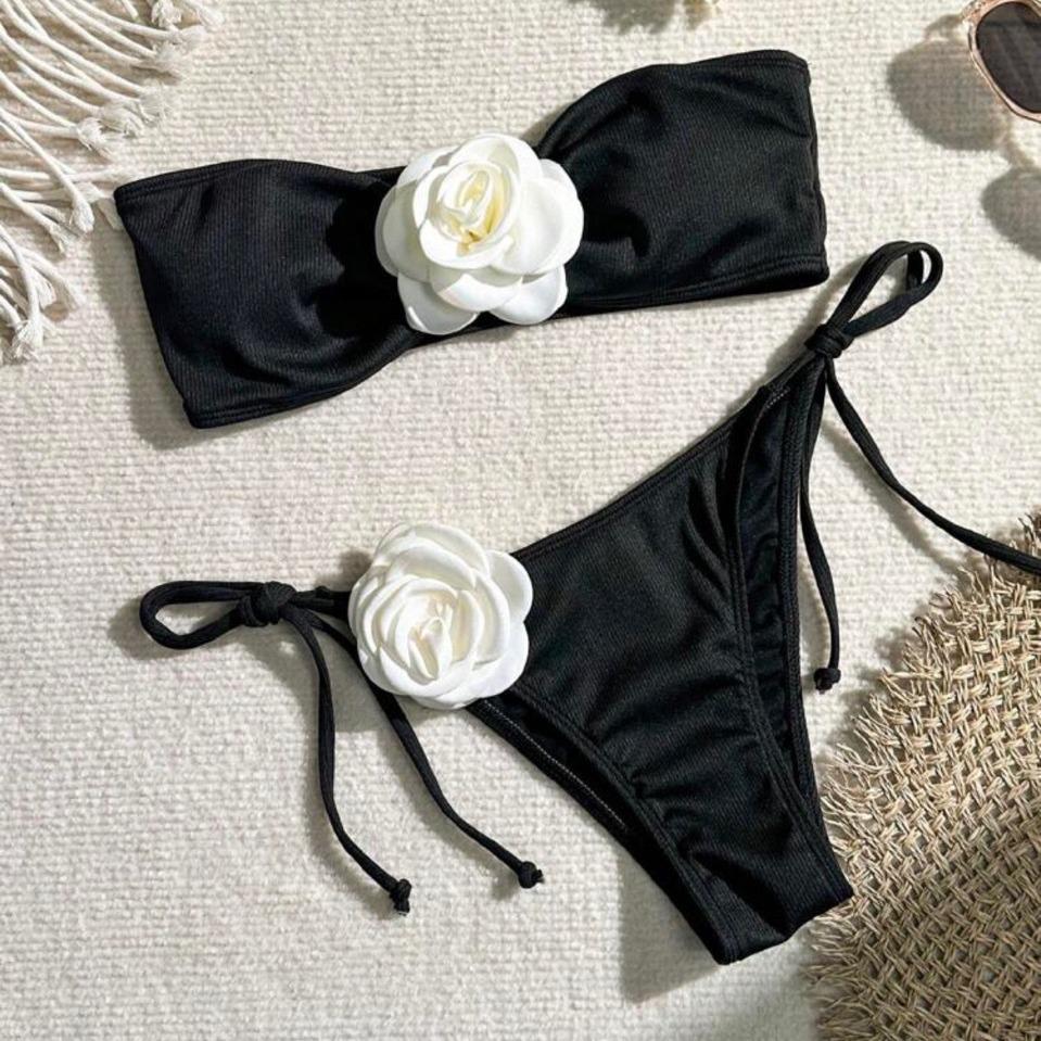 

2024 European & American Rose Bandeau Drawstring Ribbed Bikini Swimsuit Small чёрный