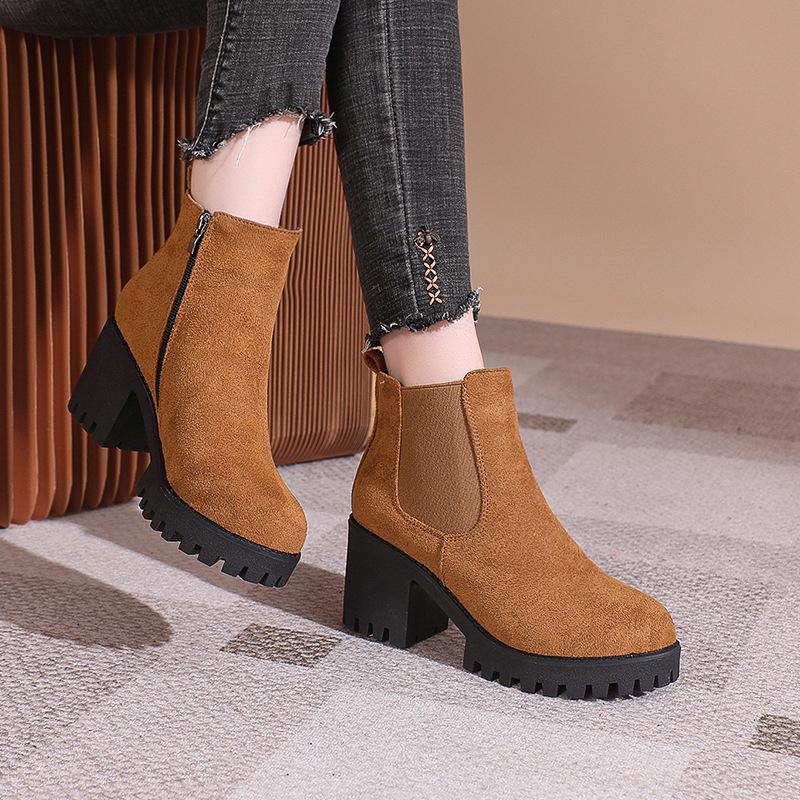 Botas de mujer talla grande botas cortas nuevas botas Martin suela gruesa estilo británico boca elástica punta redonda botas cortas mujer