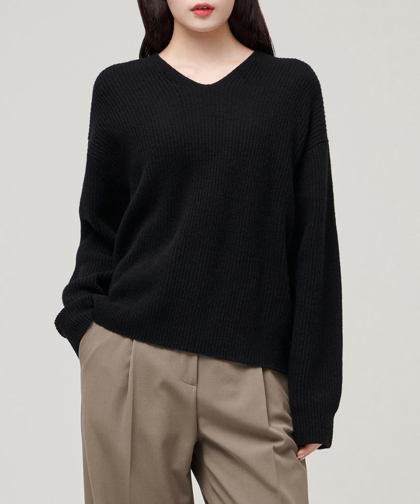 MUSINSA STANDARD WOMAN Women'S Lambswool Ribbed V-Neck Knit [Black]