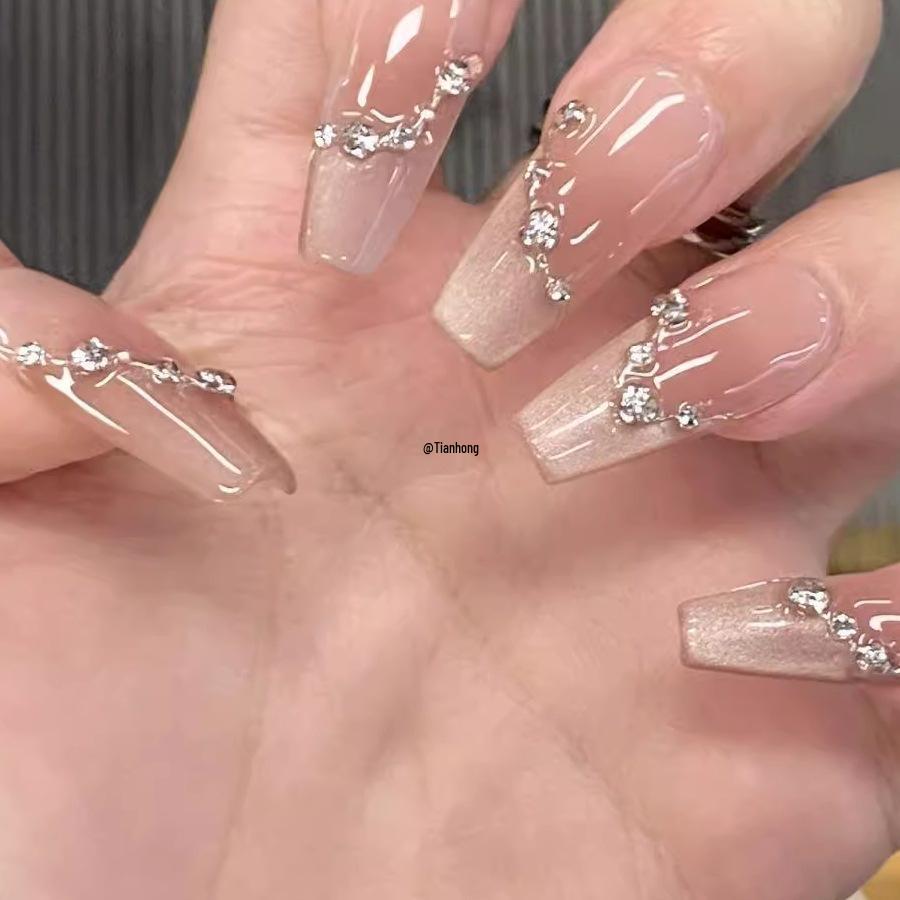 Handmade Medium-Long Ice Crystal Butterfly Cat Eye Nails for Brides or Pregnant Women