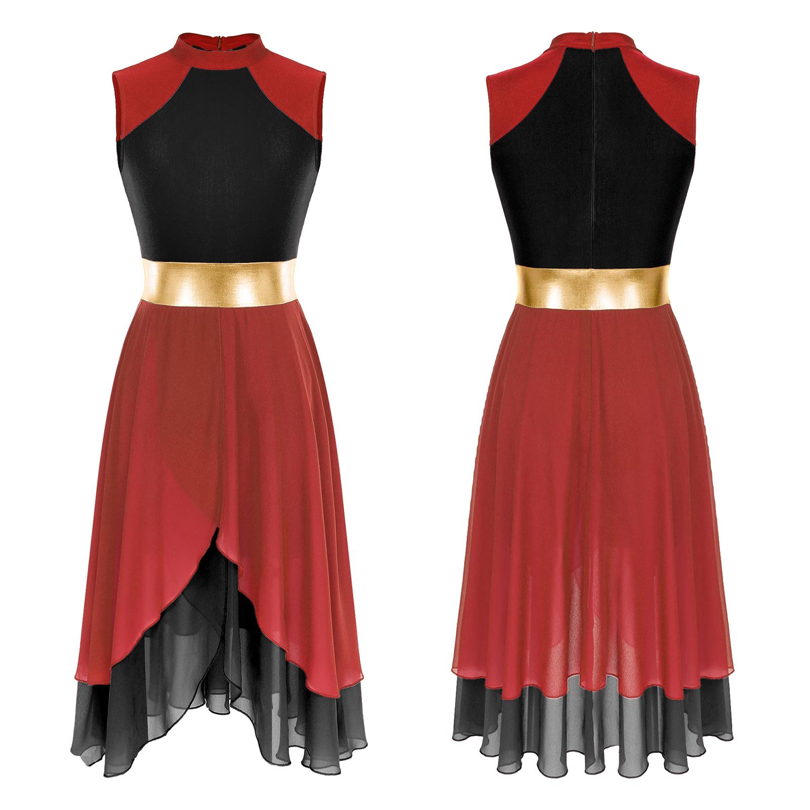 

Жіночі костюми для ліричного танцю без рукавів асиметричного крою з кольоровими блоками для сценічних виступів, балетна пачка, танцювальний одяг, бальний леотард-сукня S червоний/чорний