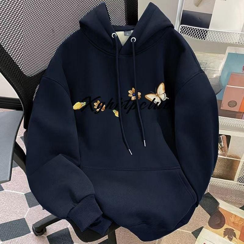 Ladies Butterfly Printed Fleece Hoodie American Retro Letter Decoration Hooded Coat Winter Loose Fashion Women's Top