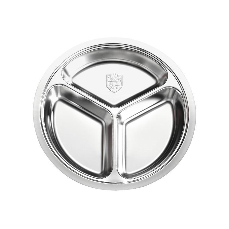 304 Stainless Steel Three-Compartment Lunch Tray for Kids - Round Meal Plate for Kindergarten, Students, and Babies