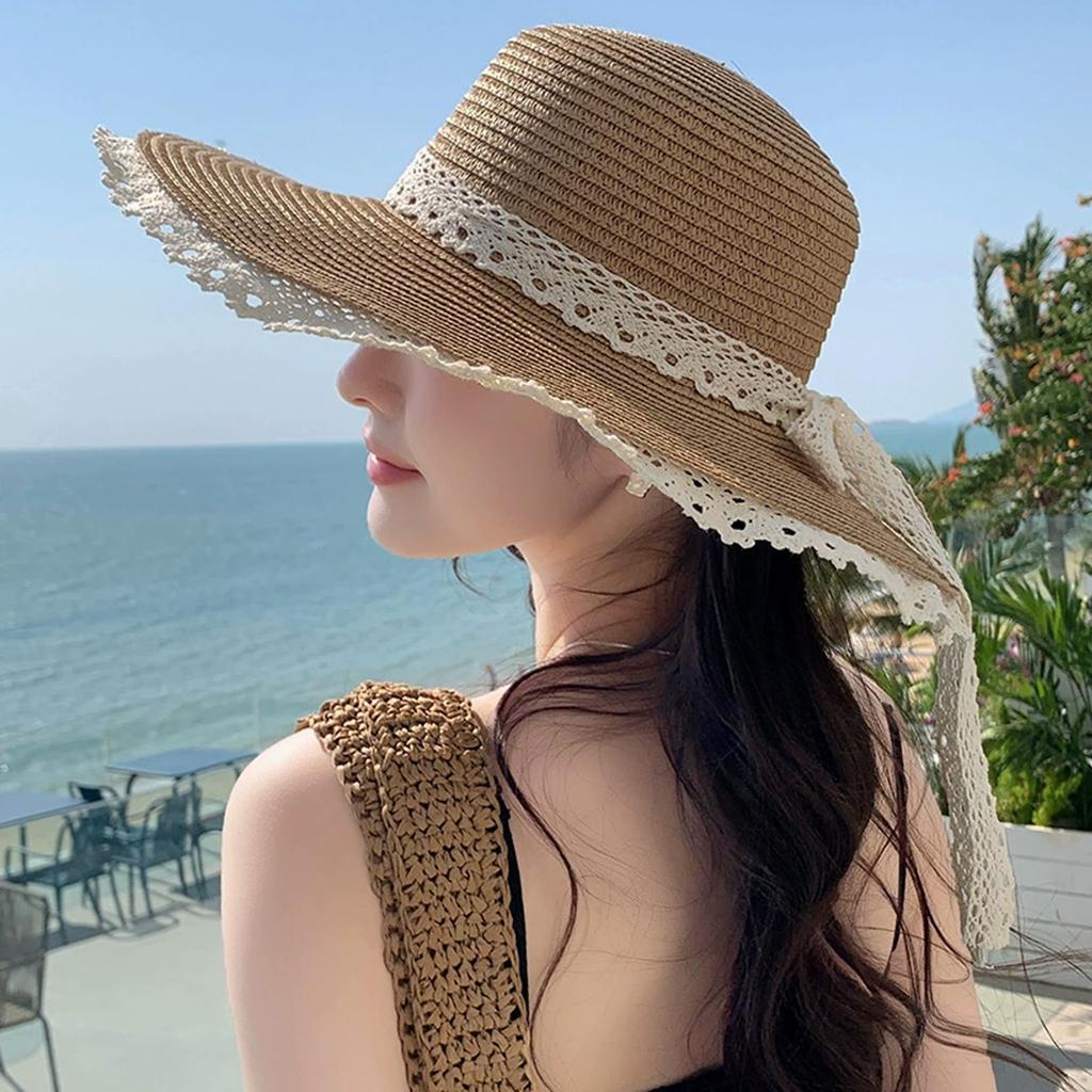 Straw Boater Wide Sun Super Slimming Beaded Actress Lace Ribbon Free [easylivegogo] Women's Hat, Hat, Brim, Hat, Breathable, Quick-Drying, Cool,