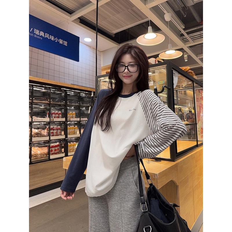 

Women s Cross-Border Striped Raglan Long-Sleeve Cotton T-Shirt - Loose Fit Round Neck Spring/Autumn Top L белый