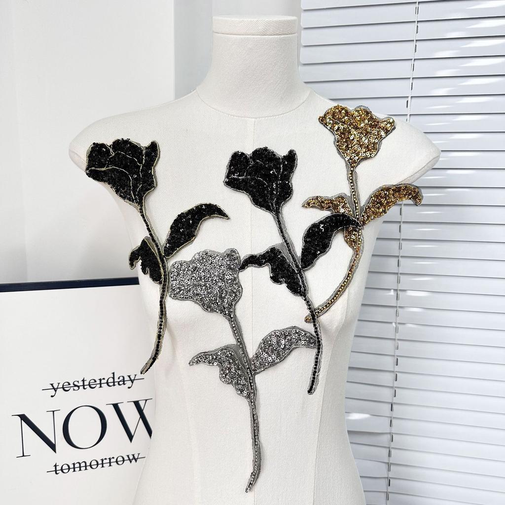 Schwerindustrie Strang Handgefertigt Perlen Pailletten Rosen Spitze Cheongsam Tanzkleid Kleidung Dekorative Stoffaufkleber