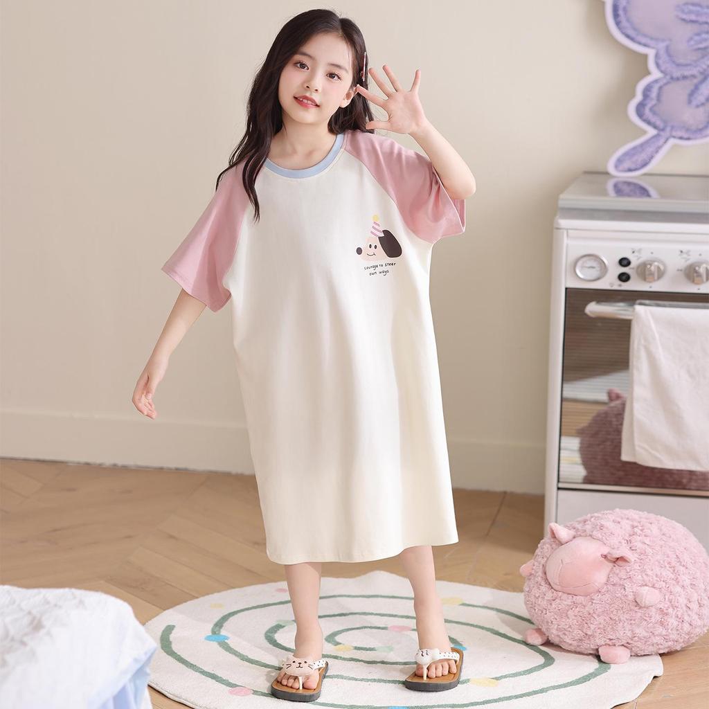 Girls' Princess Cotton Short-Sleeve Pajama Dress, Class A Safety Certified Sleepwear