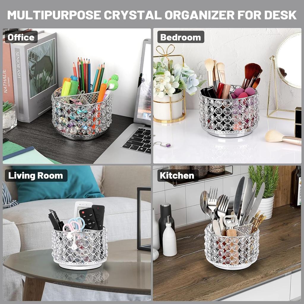 BTSKY Crystal 360 Degree Rotating Desk Organizer Decorative Storage Box with 4 Compartments, Glitter Metal Makeup Brush Holder Elegant Storage Caddy