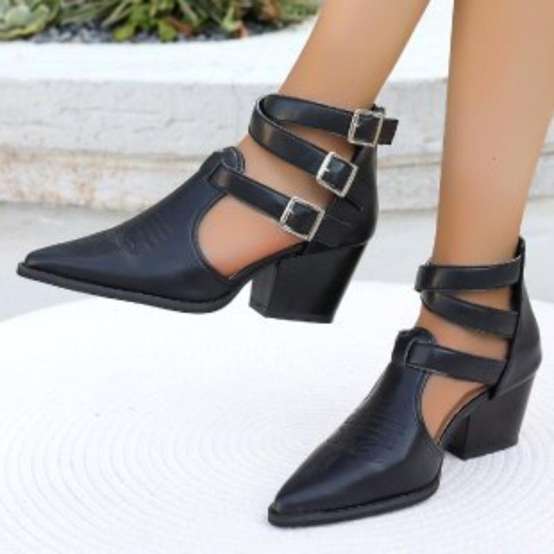 Autumn new retro belt buckle hollow sandals women's casual women's shoes cool boots high heel thick heel pointed head