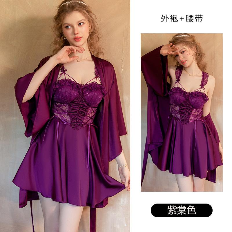 Women's Satin Lace Sheer Tie Padded Cami Sleep Dress with Robe Lounge Set
