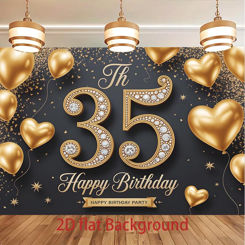 1pc Birthday 35th Glitter Balloon Elegant Hanging Banner Black Golden Polyester