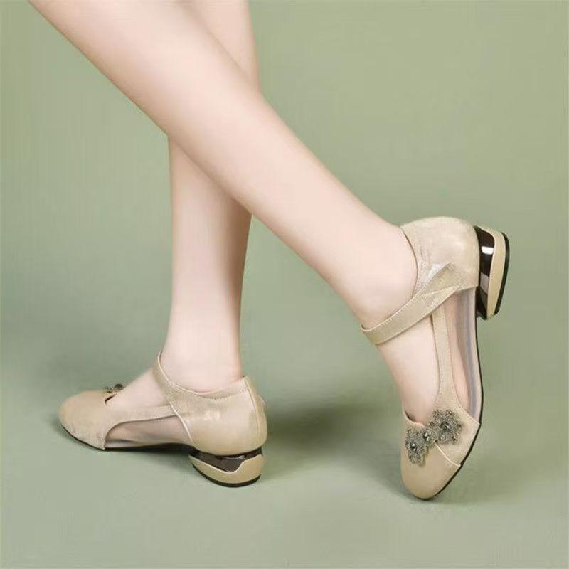 Mesh hollow single shoes women's summer new medium round head leather shoes flat shoes with skirt sandals