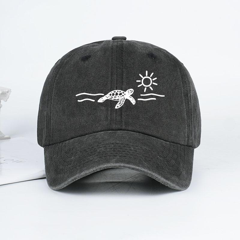 Vintage Washed Baseball Cap with Turtle, Sun, and Wave Print  Unisex Cap Perfect for Beach Vacations, Camping, and Fishing