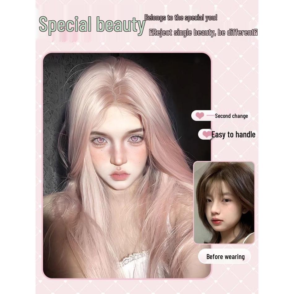 Długa Prosta Peruka z Koronką z Przodu dla Kobiet - Różowy Styl Lolita z Puszystym Pełnym Kryciem