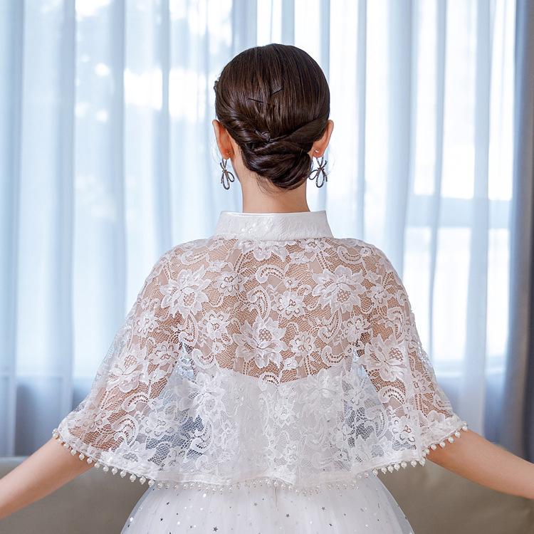 Chinese Mandarin Collar Floral Lace Cape Shrug Pearl Trim Short Bolero Wrap For Wedding Cheongsam Evening Prom Dress