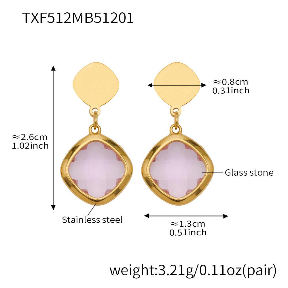 Stylish European & American Stainless Steel Jewelry Set with Square Faceted Glass Stones: Includes Bracelet, Necklace, and Earrings