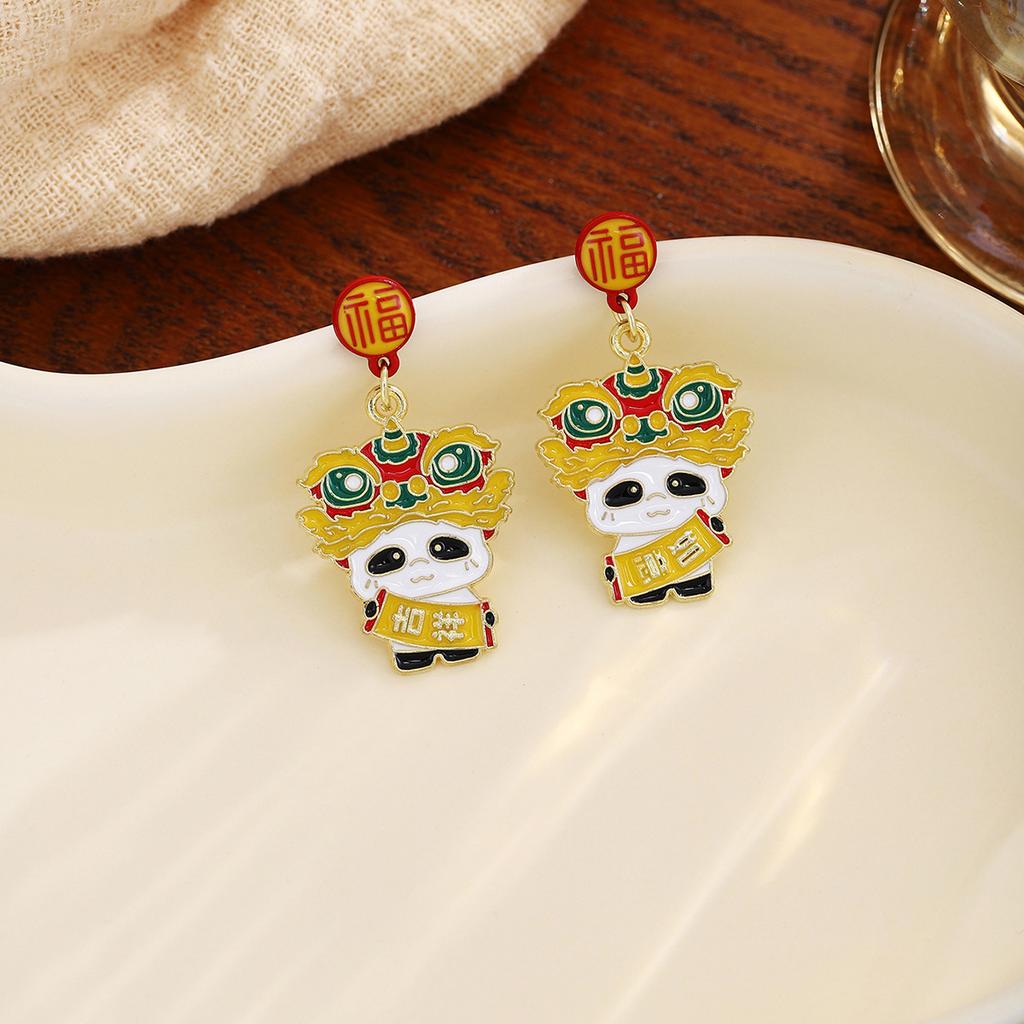New Year'S Chinese Knot Lantern Cute Panda Earrings, Chinese Style Gong Xi Fa Cai Lucky Bag Pearl Earrings Women