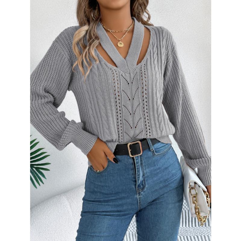 Autumn Winter Casual Hollow Out V-neck Twist Pullover Sweater Long Sleeve Casual Fashion Elegant Casual Tops Ladies Office Streetwear Simple Clothing