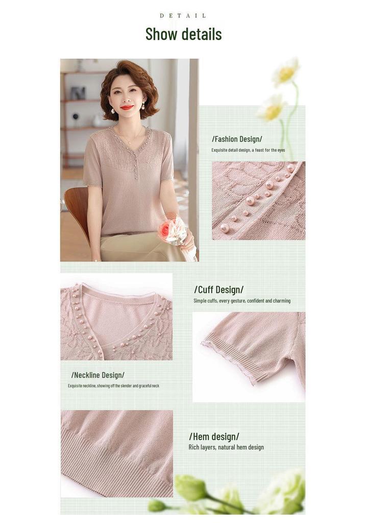Women's Summer Ice Silk Short-Sleeve Age-Defying Top, Lightweight Knit T-Shirt for Middle-Aged and Elderly.
