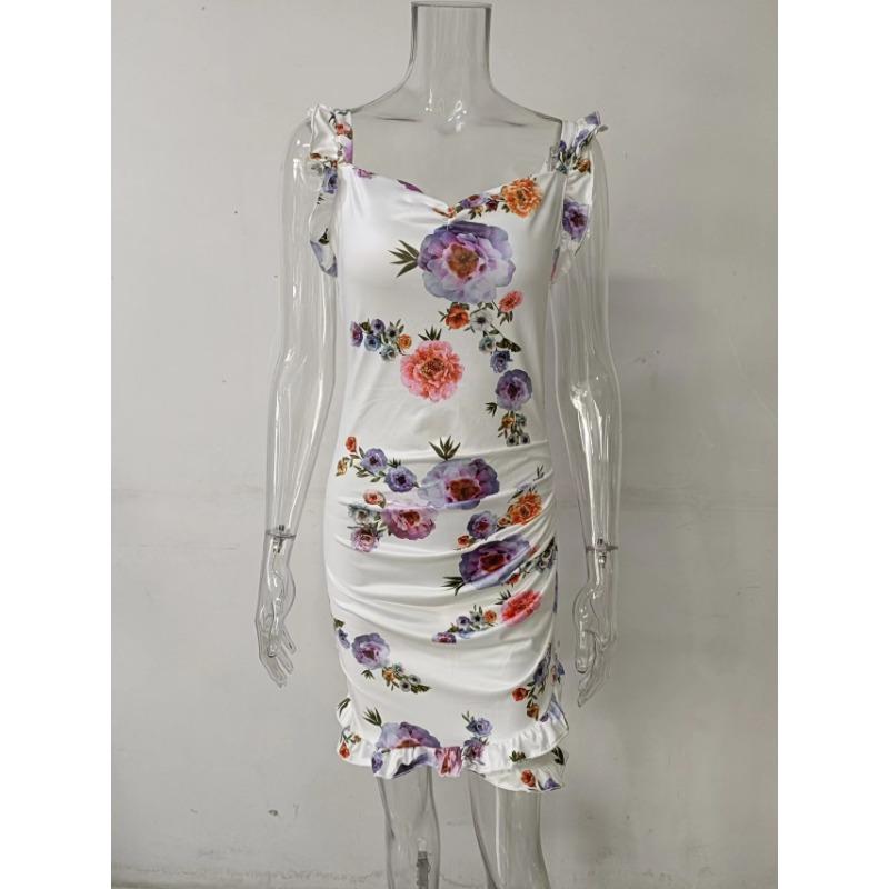 Summer Women Floral Print Butterfly Sleeve Bodycon Dress Ruffle V Neck Bandage Casual Short Sundress Female Beach Spaghetti Strap Mini Dress