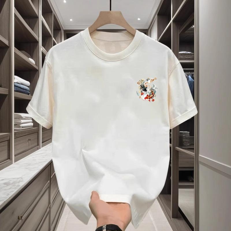 Short Sleeve T-Shirt Boys Koi Printing Heavy Guochao Chinese Style Loose Casual Crew Neck Bottom Shirt