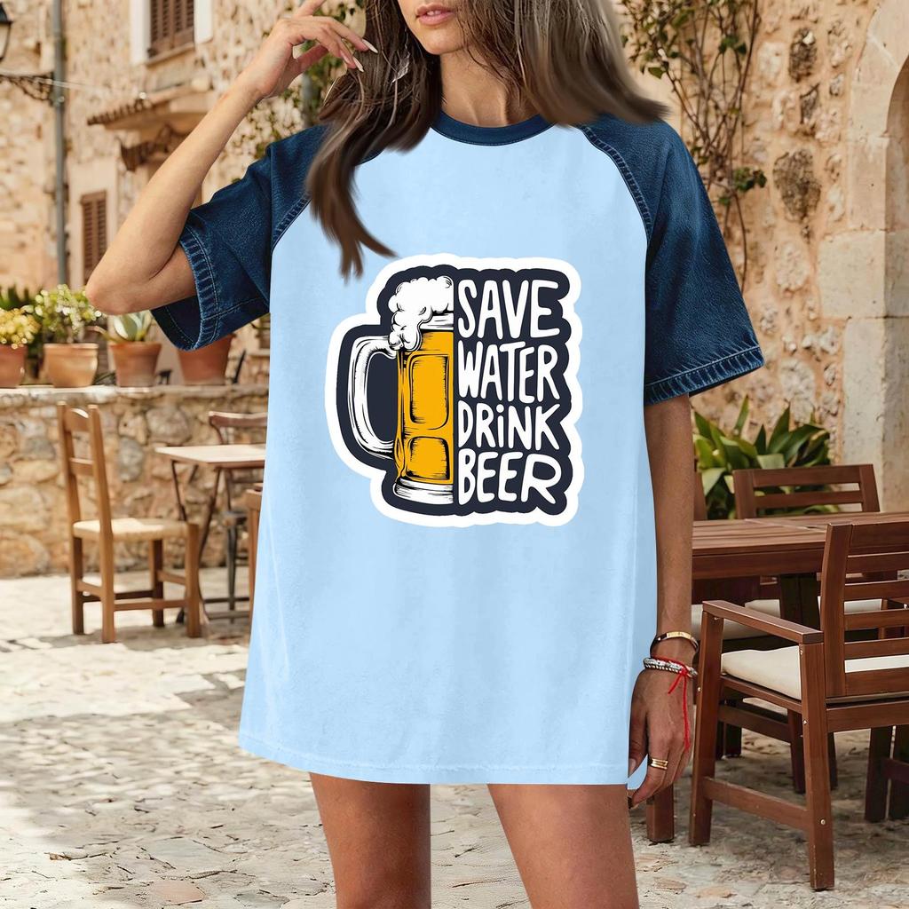 Casual Women Denim Patchwork Oktoberfest Graphic T Shirt Comfortable Short Sleeve Loose Fit Top for Daily Wear