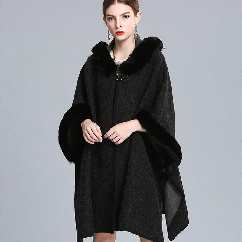 Herbst und Winter Imitation Rex Kaninchen Pelzkragen Kapuzenschal Damen Großer Wollmantel Mantel Lose Strickjacke Damen