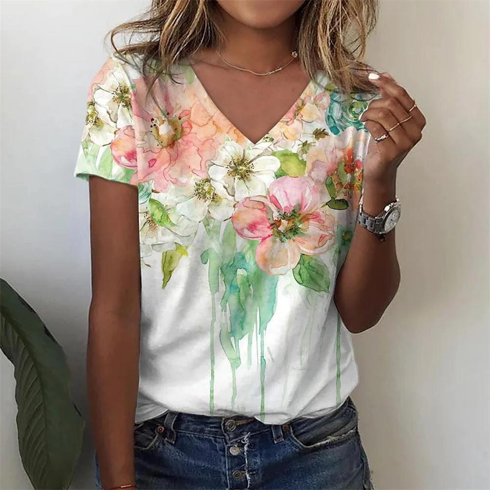 Fashion Floral Pattern 3D Digital Printing Women's Comfortable V-neck Short Sleeved T-shirt