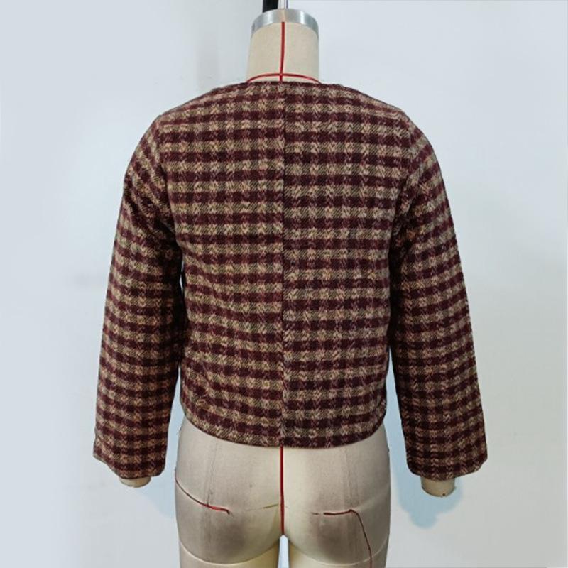 Giacca Corta Casual Antivento da Donna Autunnale a Girocollo Maniche Lunghe con Stampa a Quadri