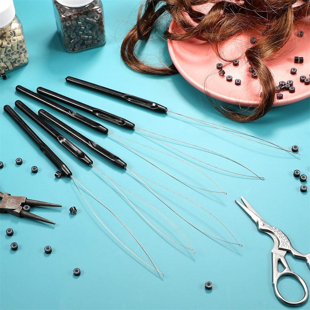 10pcs/pack New Style Hair Extension Loop Needle Threader Pulling Hook Tool and Bead Device Tool Black Loop Threader for Hair