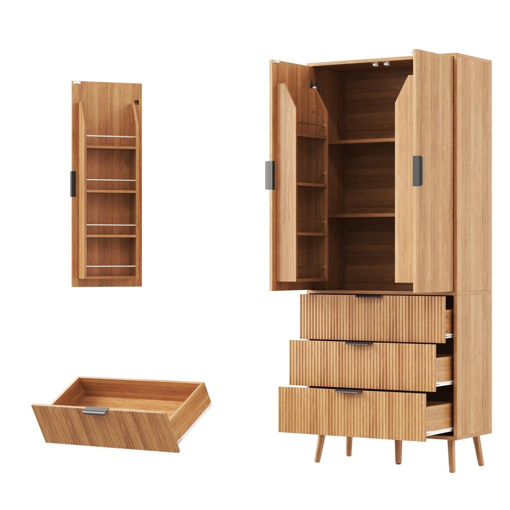 Kitchen Cabinet, with 2 Doors and 3 Spacious Drawers, with Door Shelves, for Kitchen, Living Room and Dining Room, 75 × 35× 180 Cm
