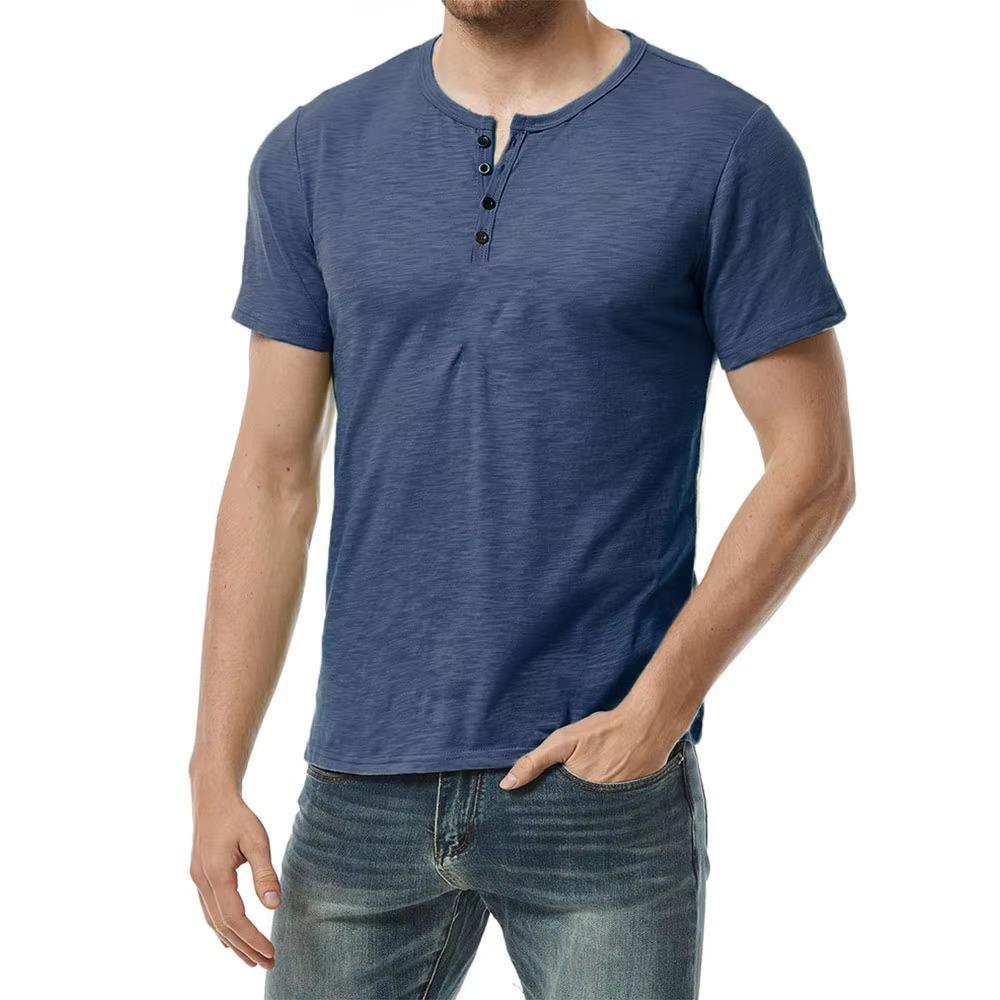 Men's Short-sleeve T-shirt Henley Collar Summer Casual Solid Color T Shirt for Men Polo High Quality Mens T-shirts