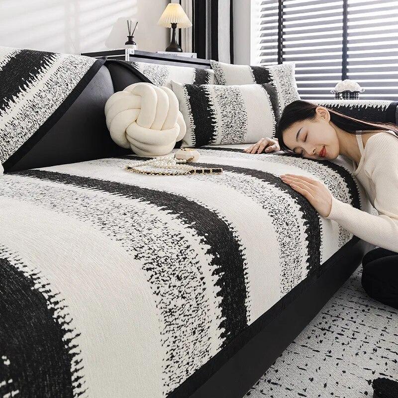 New Chenille Sofa Covers Black White Stripe Sofa Cushion Home Decor Armchair Towel Furniture Seat Cover Sofa Mat for Living Room