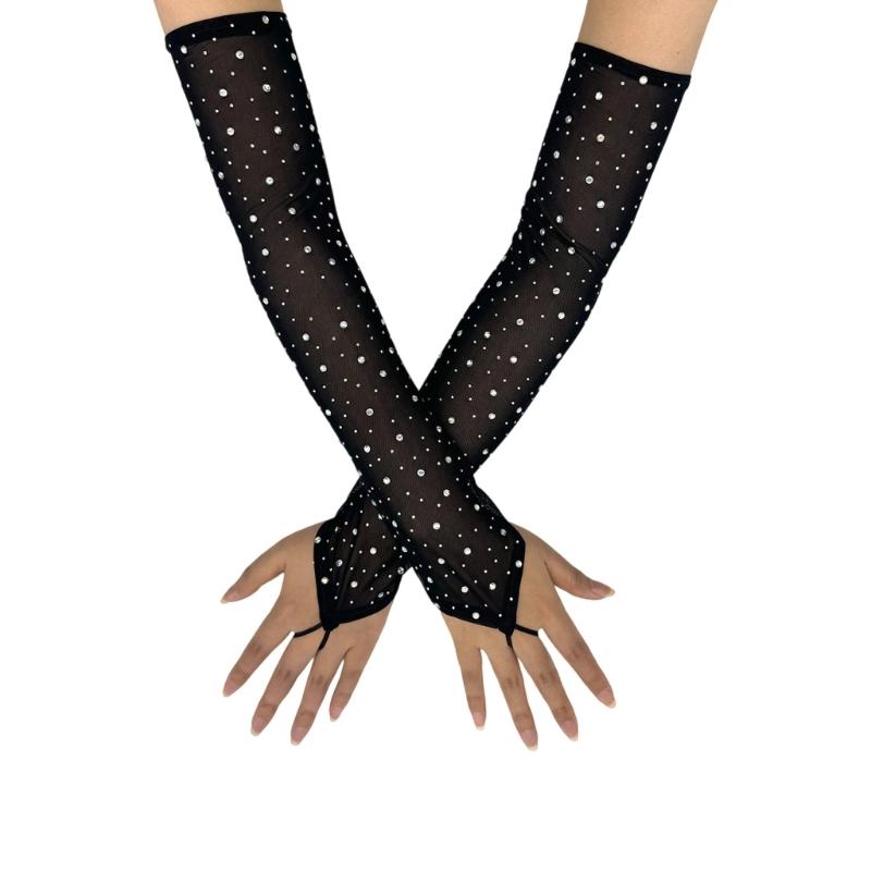 

Rhinestones Decors Long Sheer Gloves Breathable Polyester Arm Sleeves For Bridal Show Proms Night Event Accessories