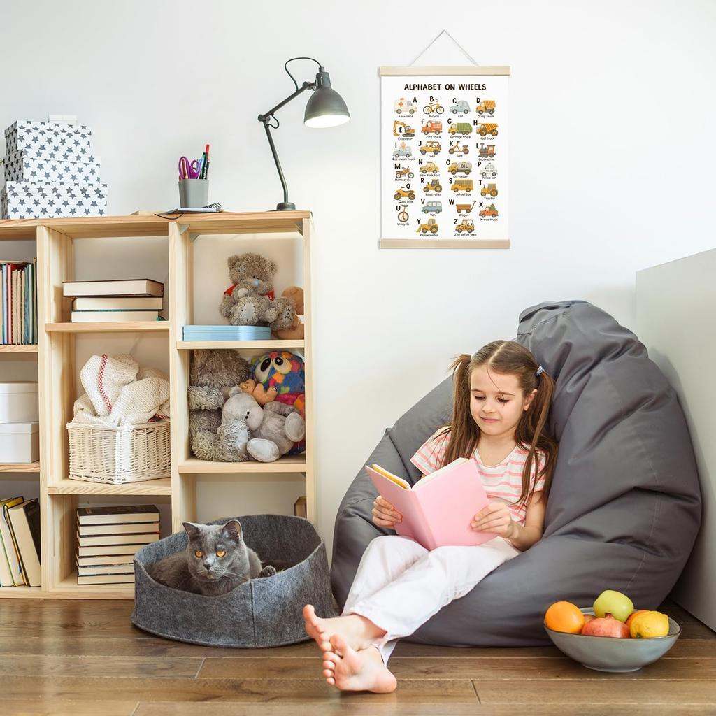 Voxitura Car Alphabet Poster Hanger Frame, Nursery Traffic Wall Decor Art Canvas for Playroom Kids Toddler Boy Room Classroom, Cute ABC Prints for