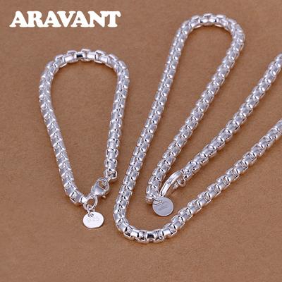 925 Silber Mode Runde Box Kette Armband Halskette Damen Schmuckset