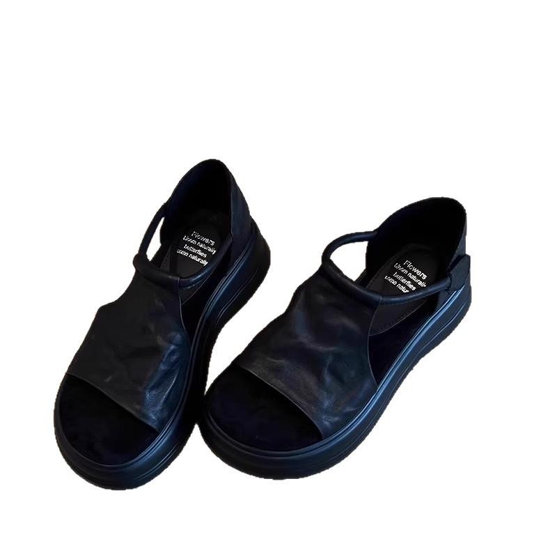Sheepskin Version~ French Retro Platform Thick Heel Leather Sandals Women's Summer Simple Velcro Commuter Open-toed Roman Shoes