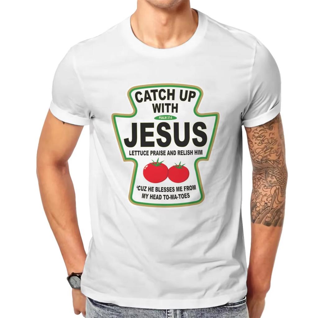 Christian Catch Up with Jesus Ketchup Mens T Shirt Christ Religion Casual Tee Shirt TShirts Cotton Printed Tops Unisex