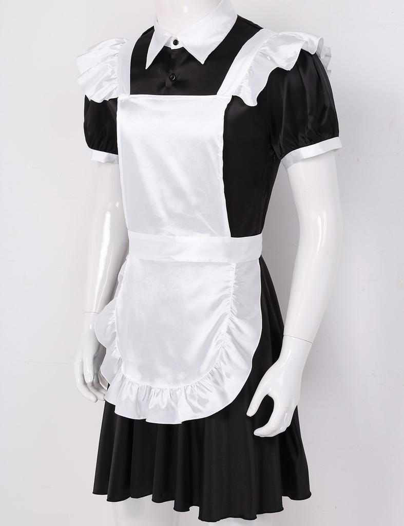 Men Sissy French Maid Outfits Cosplay Costumes Puff Sleeve Button Down Fancy Dress With Apron And Headband