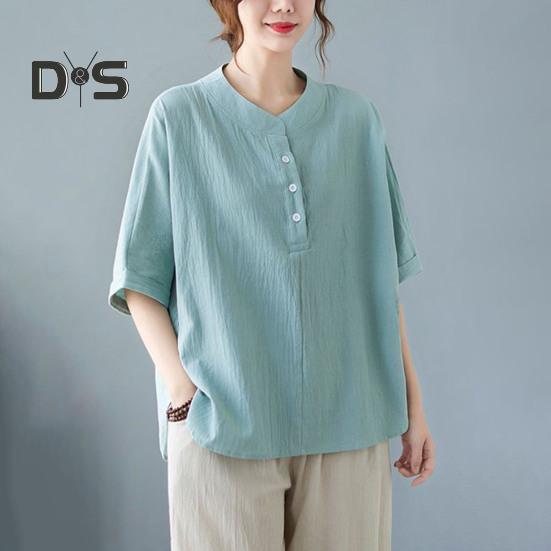 Women's Casual Two-Piece Set 3/4 Sleeve Crew Neck Button Top Wide Leg Pants Set Summer Loose Loungewear Outfit