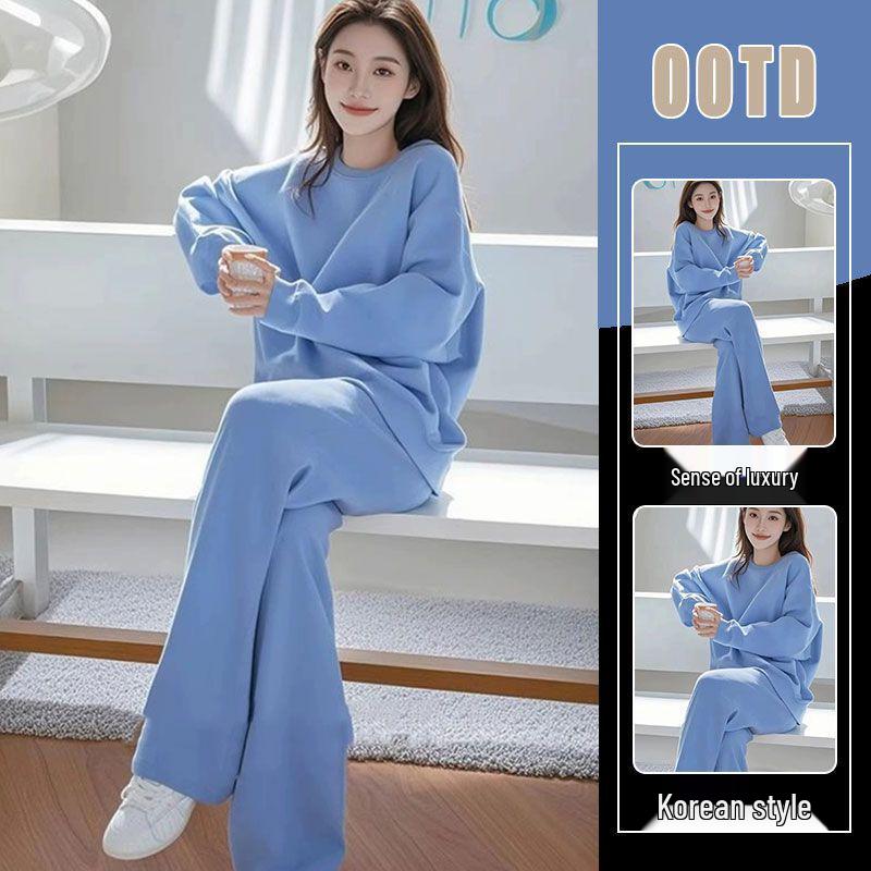 

Korean Style Casual Spring & Autumn Hoodie and Wide-Leg Pants Set - Two Piece Outfit M синий