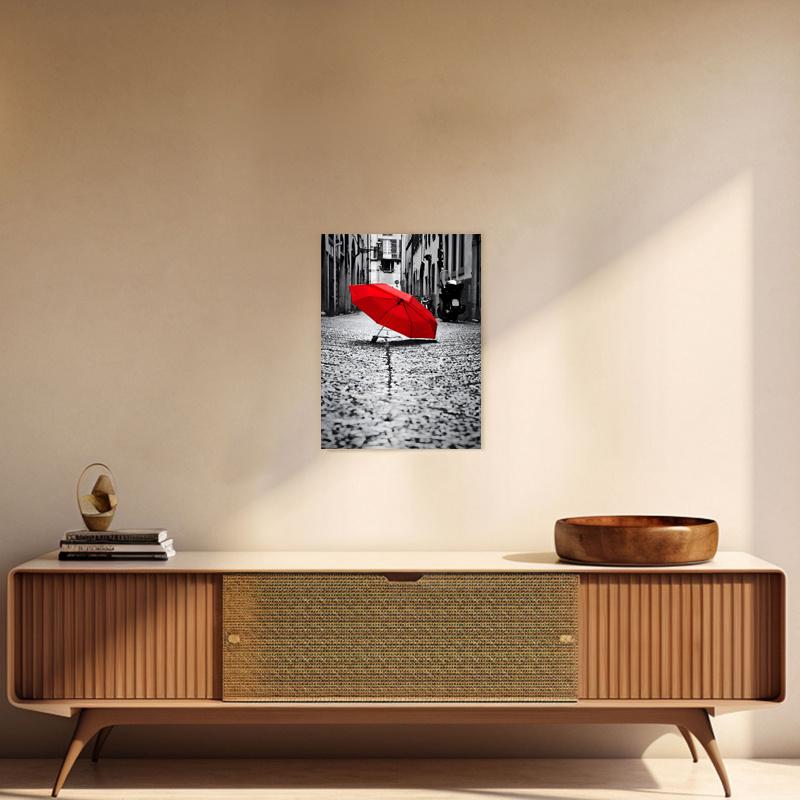 Framed - Red Umbrella Street Printed Canvas Art Poster - Modern City Scene Canvas Poster Decorative Wall - Including Hanging Hardware
