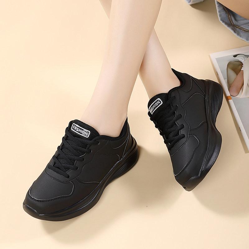 Spring and Autumn Black Sports Shoes, Waterproof and Non-slip Leather Surface, Ultra-light Soft Sole, Long Standing, Not Tired Feet, Large Size Shoes