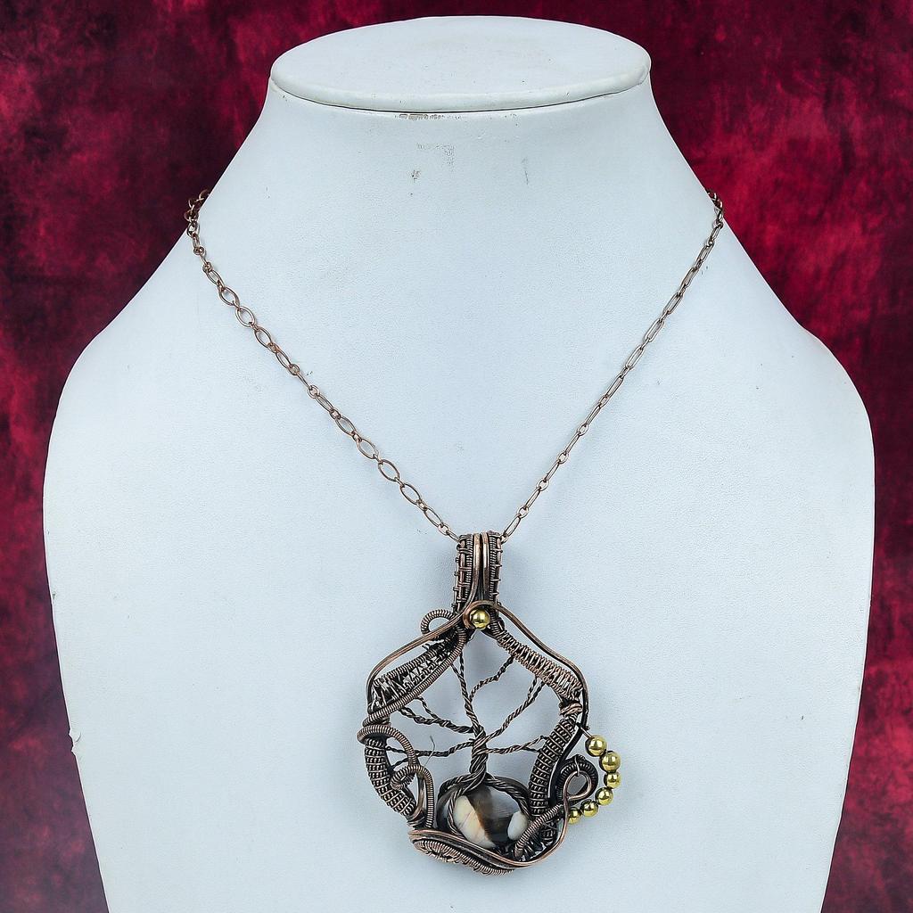 Tree Of Life Peanut Wood Jasper Pendant Gemstone Copper Wire Wrapped Jewelry Handmade Pendant