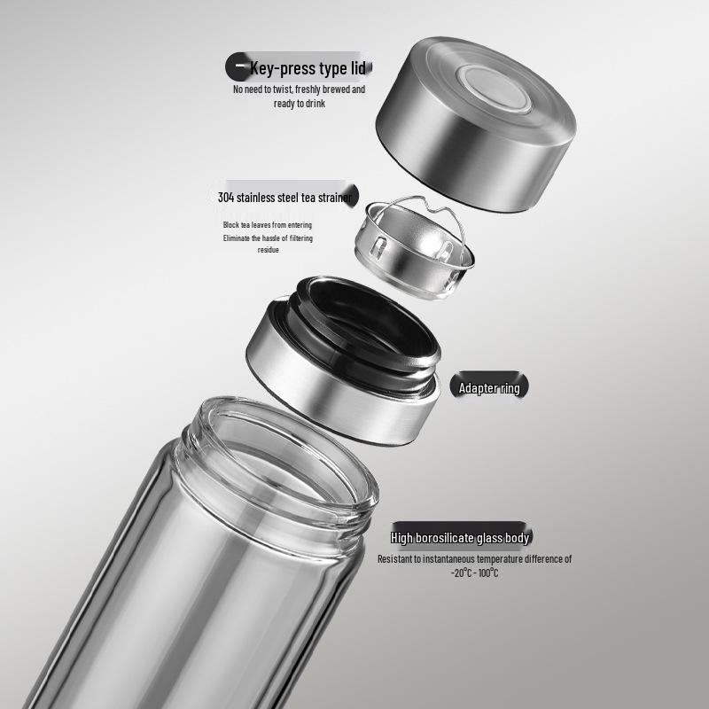 Portable Double-Layer Glass Tea Cup with One-Touch Lid – Unisex Business Gift