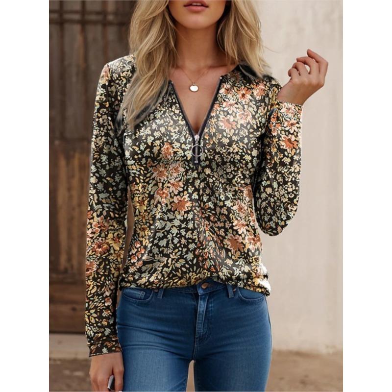 

Fashion Print Top T Shirt Lady Casual Long Sleeve V Neck Pullover Zipper Tops T-Shirt Women Boho Holiday Tshirts Spring Autumn S