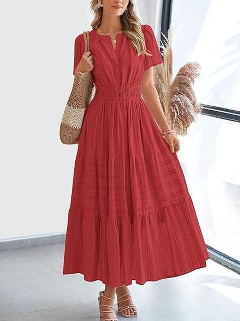 Spring/Summer Women's Fashion V-Neck Ruffled Bubble Sleeve Layered Maxi Dress for Women