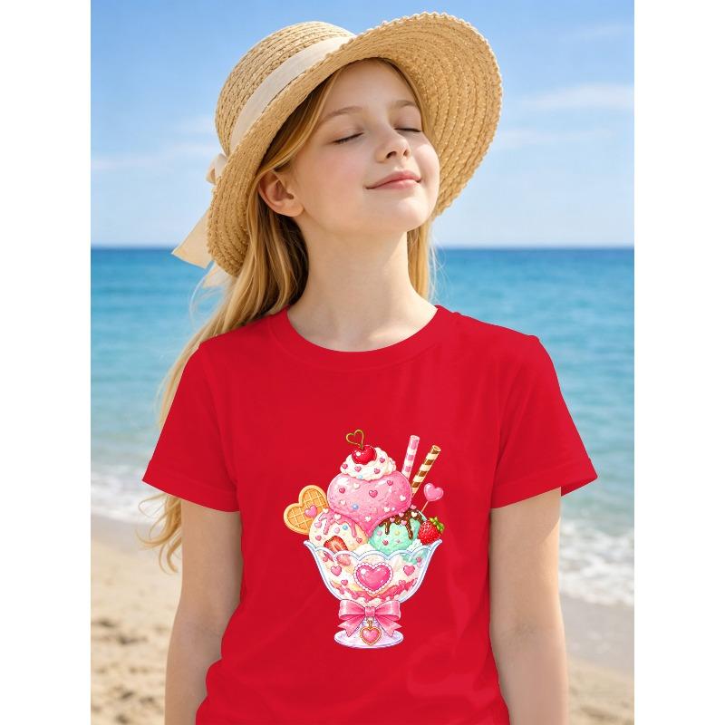 Girls Heart Sundae Ice Cream Print Crewneck Short Sleeve Tee, Soft Breathable Top for School Travel Daily