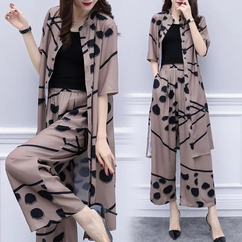 Plus Size Summer Slimming Set Loose-fit Long Sleeve Top Bottoms 2-piece Set Fashionable